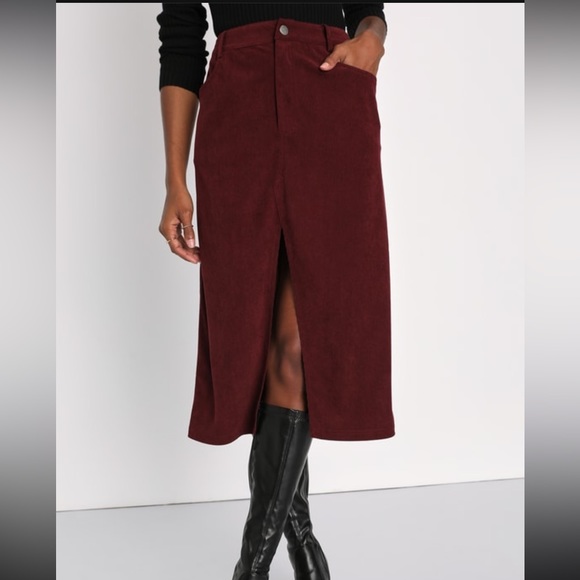 NWT Lulu’s Burgundy Corduroy Midi Skirt - Picture 2 of 10